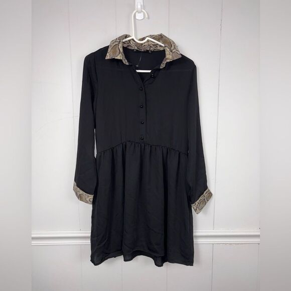 Zara Basic Black Python Snake Trim Mini Dress Size Medium Animal Print Goth - Picture 6 of 15